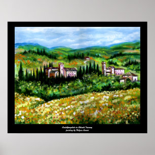 PÓSTER CASTILLOS EN PAISAJE DE CHIANTI, CAMPOS DE FLORES