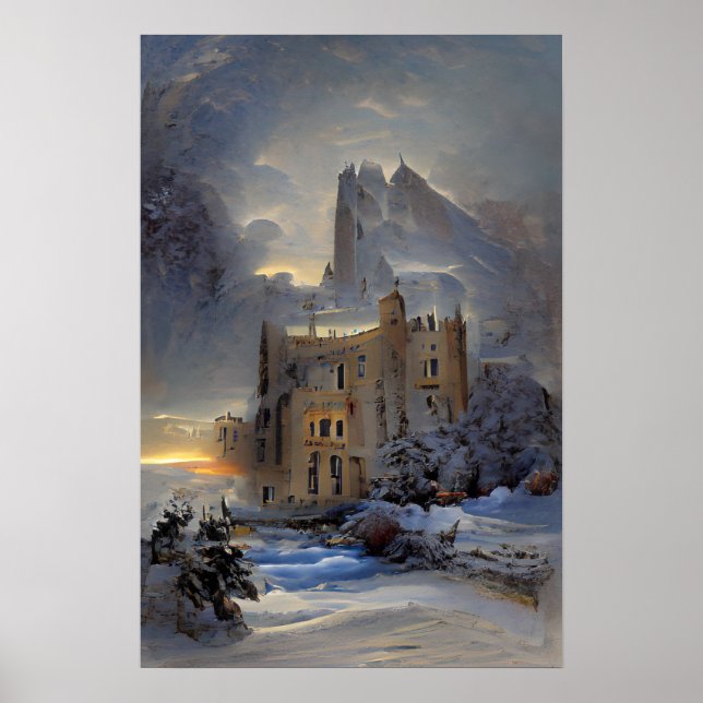 Póster Castle In Snow, Retro Castle, Christmas Gift Poste (Frente)