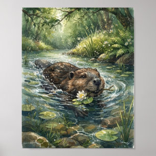 Póster Castor nadando con lirio de agua en el arroyo del