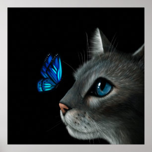 Póster Cat and Blue Butterfly