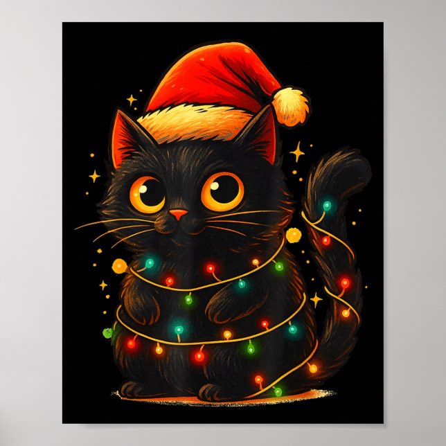 Póster Cat Black Christmas Tree Lights Funny Santa Kitten (Frente)