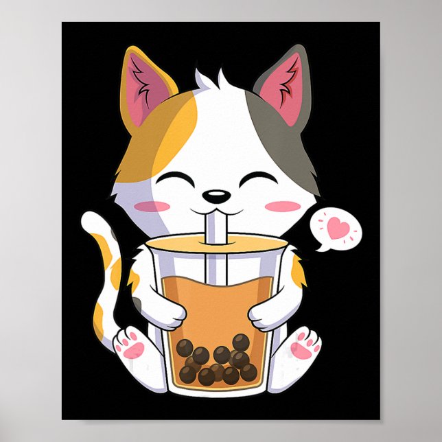 Póster Cat Boba Tea Bubble Tea Anime Kawaii Neko Girl Tee (Frente)