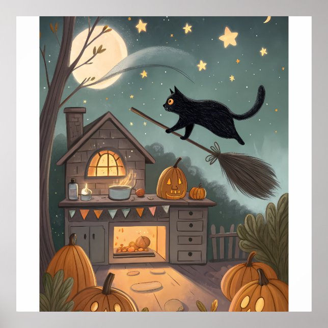 Póster Cat & Broom Duo | Magical Halloween Night (Frente)