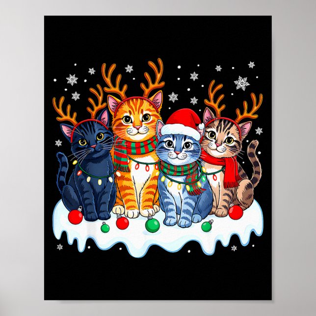 Póster Cat Christmas Light Reindeer Santa Christmas Funny (Frente)