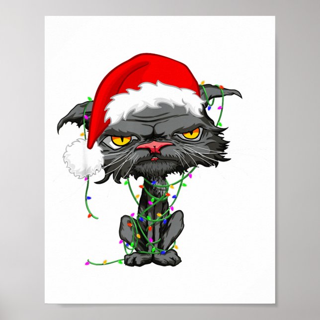 Póster Cat Christmas Lights Bored Cat Santa Hat Funny Cat (Frente)