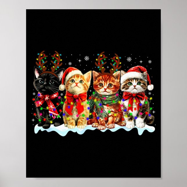 Póster Cat Christmas Lights Reindeer Santa Cat Lover Xmas (Frente)