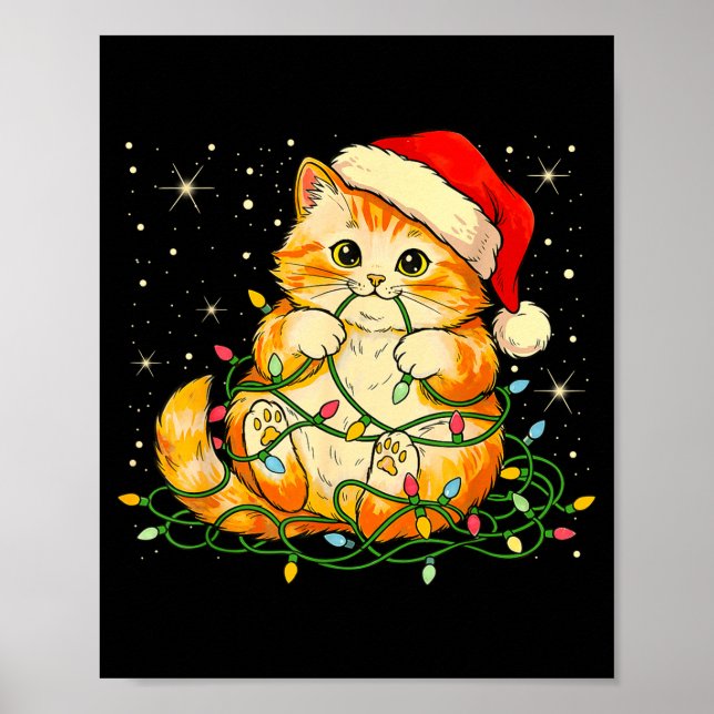 Póster Cat Christmas Lights Santa Hat Xmas Cats Lover Pet (Frente)