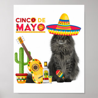 Póster Cat Cinco De Mayo Amo Guitarra Cactus Beber Amor