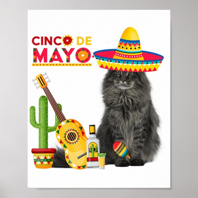 Póster Cat Cinco De Mayo Amo Guitarra Cactus Beber Amor (Frente)