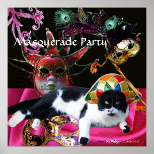 PÓSTER CAT CON MÁSCARAS DE GORRA DE HARLEQUINA Y FIESTA D