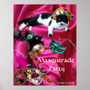 PÓSTER CAT CON MÁSCARAS DE GORRA DE HARLEQUINA Y FIESTA D