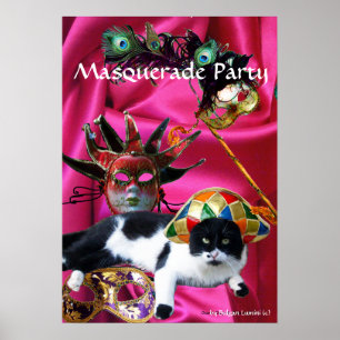 PÓSTER CAT CON MÁSCARAS DE GORRA DE HARLEQUINA Y FIESTA D