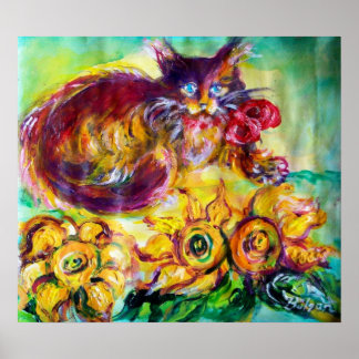 PÓSTER CAT CON RIBÓN ROJO Y FLORES