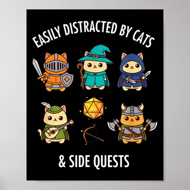 Póster Cat Easily Distracted By Cat &amp; Side Quests Rpg (Frente)