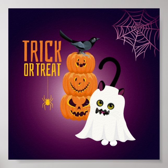 Póster Cat fun at Halloween playing Ghost Poster (Frente)