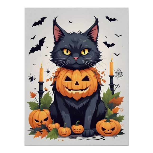 Póster Cat Halloween Cute Adorable Gracioso Personalizado (Anverso)