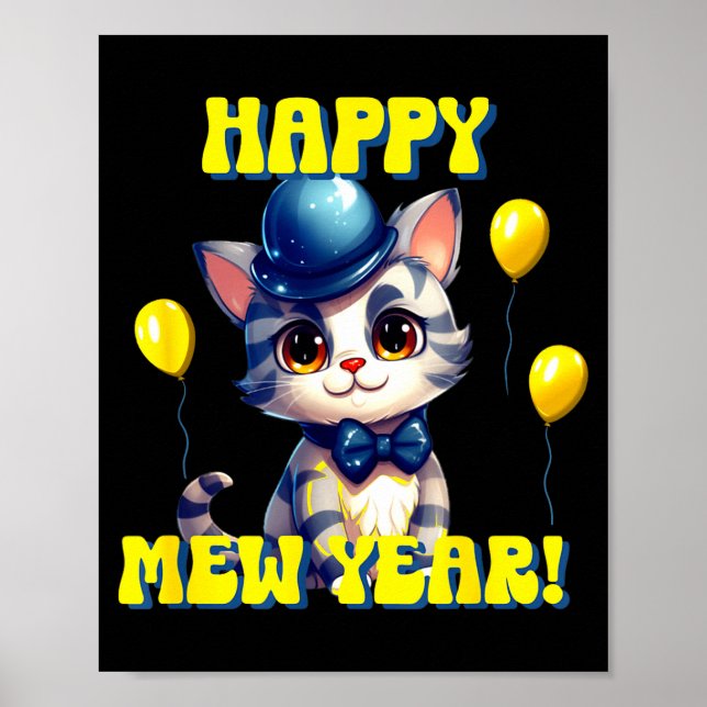Póster Cat Happy New Year Mew Year Funny New Years Party  (Frente)