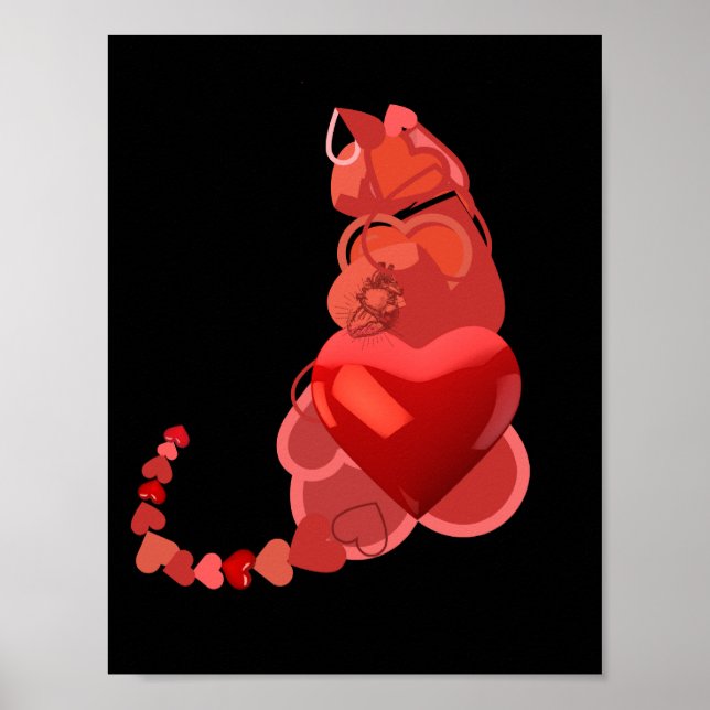 Póster Cat Hearts, Gift Cat Lovers, Red Black Wall Art (Frente)