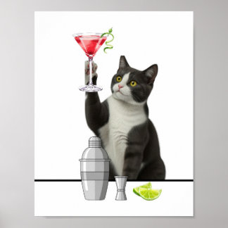 Póster Cat holding Pink Martini Art