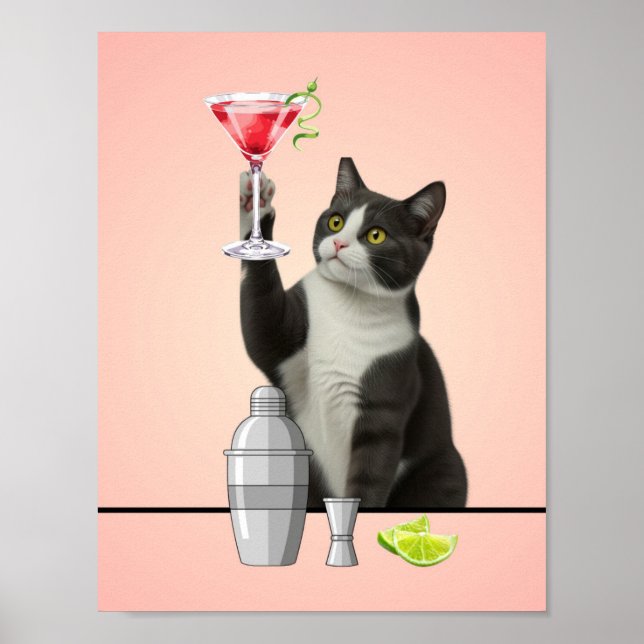 Póster Cat holding Pink Martini Pink Background Art (Frente)
