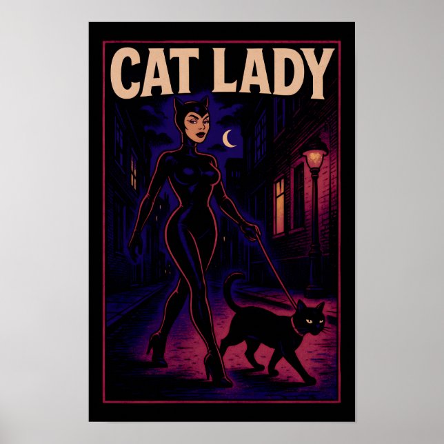 Póster Cat Lady -Cats Art Lover- City Night Comic Graphic (Frente)