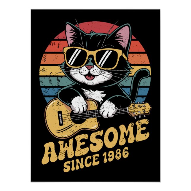 Póster Cat Lover 1986 Birthday Retro Ukulele 40th Bday  (Anverso)
