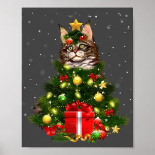 Póster Cat Maine Coon Cat Xmas Tree Lights Cat Lover Ugly