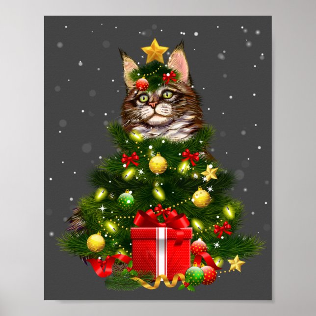 Póster Cat Maine Coon Cat Xmas Tree Lights Cat Lover Ugly (Frente)