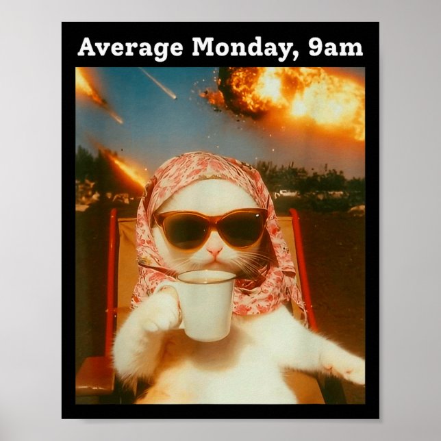 Póster Cat Meme Average Monday 9am Funny Sarcastic Back T (Frente)