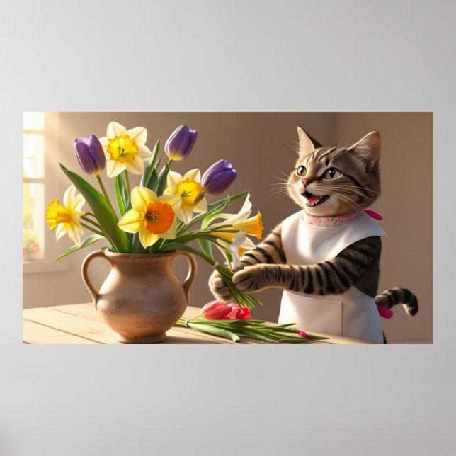 Póster Cat Mom está organizando flores (Frente)