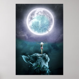 Póster Cat Moon Fantasy Chica Poster