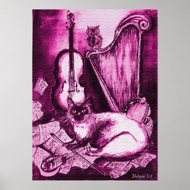 Póster CAT MUSICAL ,Violeta PInk y blanco (Frente)