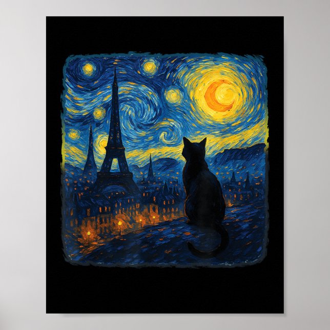 Póster Cat Paris Eiffel Tower Starry Night Van Gogh Inspi (Frente)