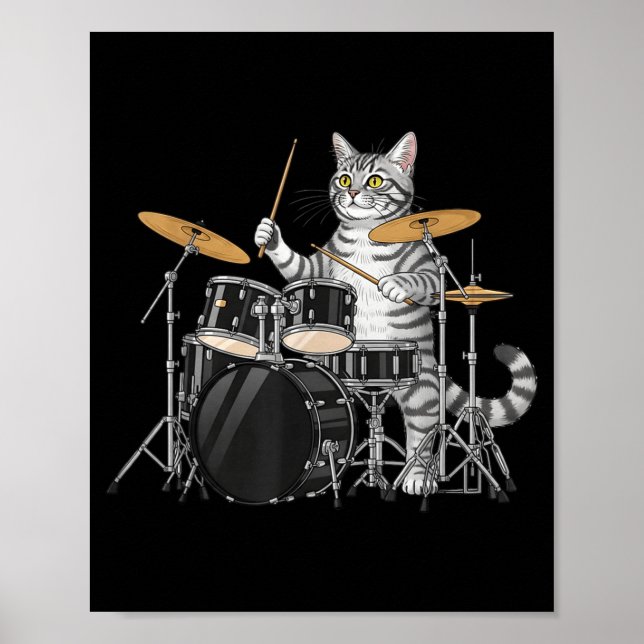 Póster Cat Playing Drums Drumset Drumkit Drumming Drum Dr (Frente)