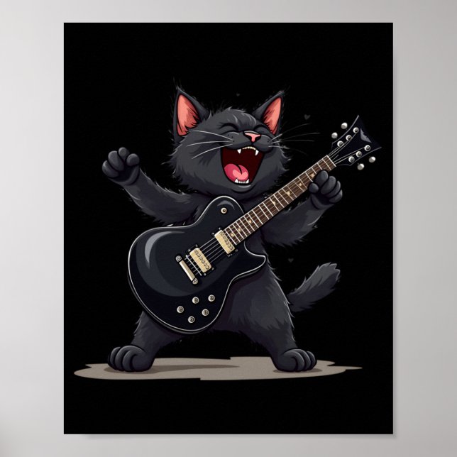 Póster Cat Playing Guitar Rock And Roll Rock Star Funny  (Frente)