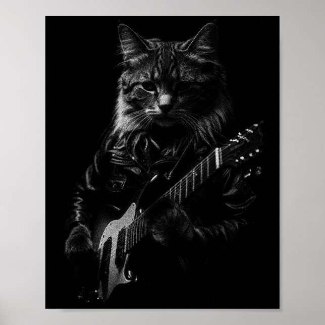 Póster Cat Playing Guitar Rock Star Rock And Roll Men Wom (Frente)
