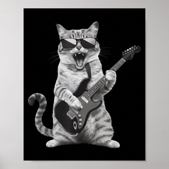 Póster Cat Playing Guitar Rock Star Rock And Roll Men Wom (Frente)