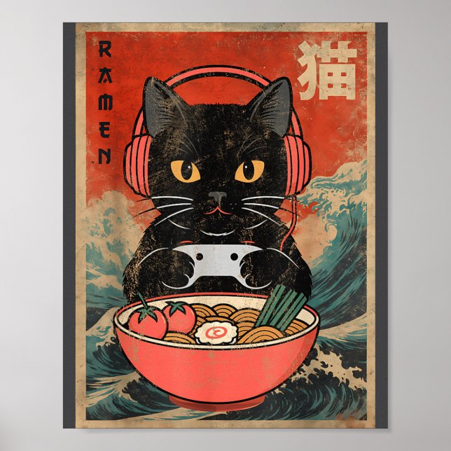 Póster Cat Ramen Japanese Funny Graphic Kawaii Anime  (Frente)