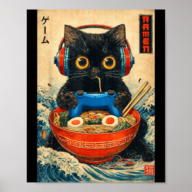 Póster Cat Ramen Japanese Funny Graphic Tees Kawaii Cat A (Frente)