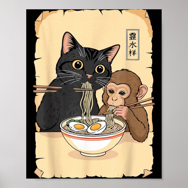 Póster Cat Ramen Monkey Shirt Funny Cat Monkey Eating Ram (Frente)