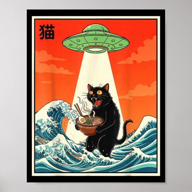 Póster Cat Ramen Ufo Funny Japanese Anime Tee Men Women T (Frente)
