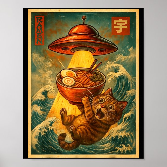 Póster Cat Ramen Ufo Funny Men Women Teens Kids Japanese  (Frente)