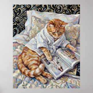 Póster Cat Reading In Bed Cute Wall Art Poster Print