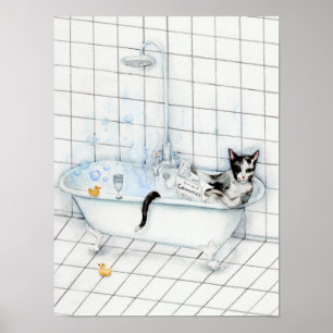 Póster Cat reading newspaper in the bathtub