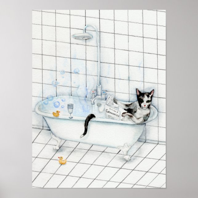 Póster Cat reading newspaper in the bathtub (Frente)