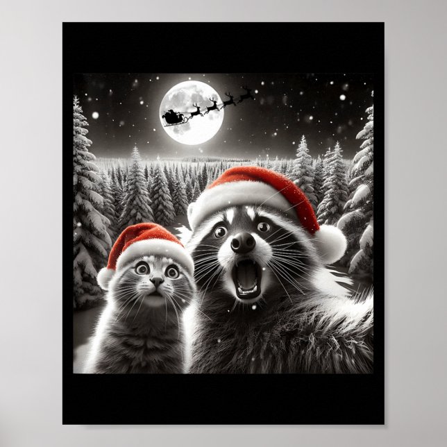 Póster Cat Selfie Racoon Funny Santa Christmas Dog  (Frente)