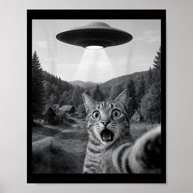 Póster Cat Selfie With Alien Ufo Funny Cat Funny Ed Cat  (Frente)