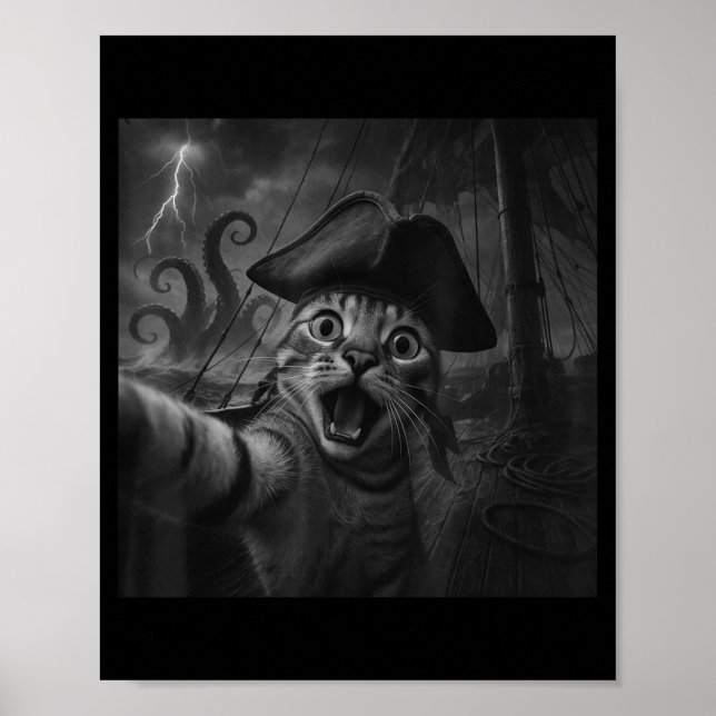 Póster Cat Selfie With Kraken Octopus Funny Meme Men Wome (Frente)