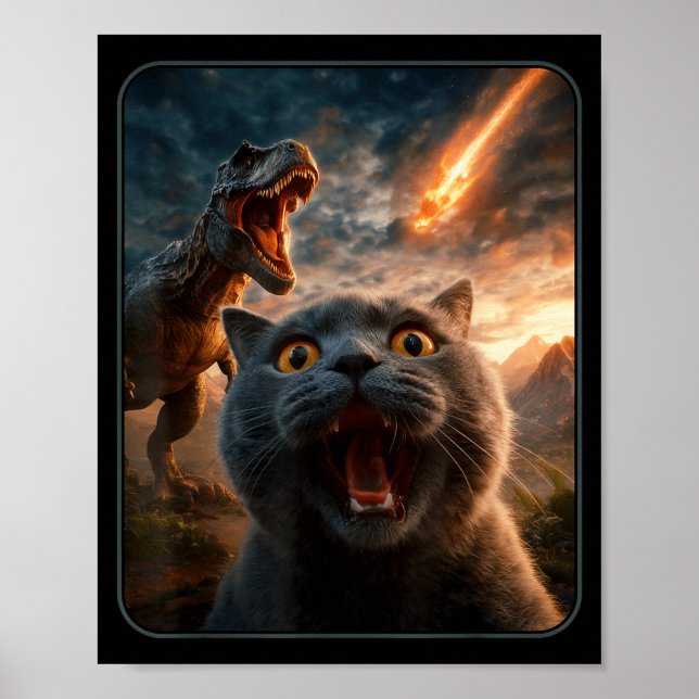 Póster Cat Selfie With T-rex Dinosaur Funny Cat T Rex Shi (Frente)