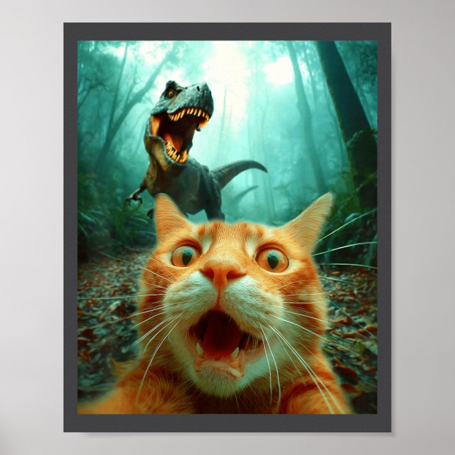 Póster Cat Selfie With T-rex Dinosaur Trex Dino Men Women (Frente)